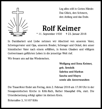 Anzeige von Rolf Keimer von Kölner Stadt-Anzeiger / Kölnische Rundschau / Express