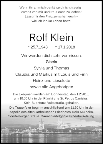 Anzeige von Rolf Klein von Kölner Stadt-Anzeiger / Kölnische Rundschau / Express