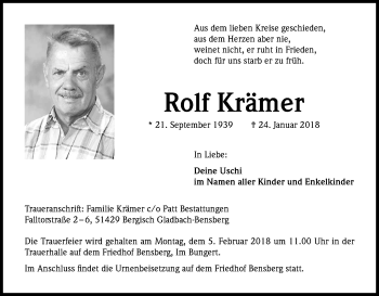 Anzeige von Rolf Krämer von Kölner Stadt-Anzeiger / Kölnische Rundschau / Express
