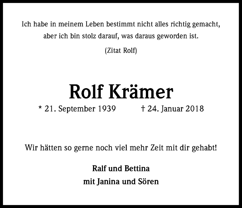  Traueranzeige für Rolf Krämer vom 31.01.2018 aus Kölner Stadt-Anzeiger / Kölnische Rundschau / Express