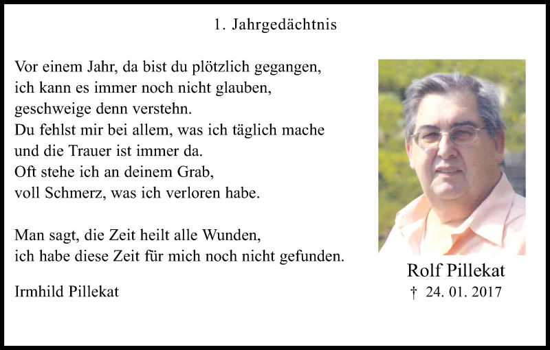  Traueranzeige für Rolf Pillekat vom 20.01.2018 aus Kölner Stadt-Anzeiger / Kölnische Rundschau / Express