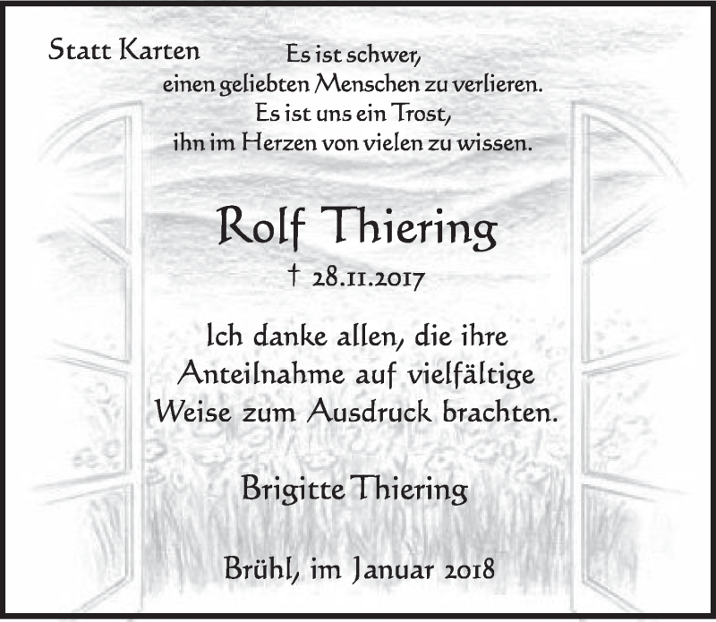  Traueranzeige für Rolf Thiering vom 10.01.2018 aus  Schlossbote/Werbekurier 