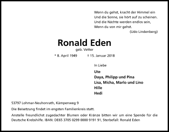 Anzeige von Ronald Eden von Kölner Stadt-Anzeiger / Kölnische Rundschau / Express