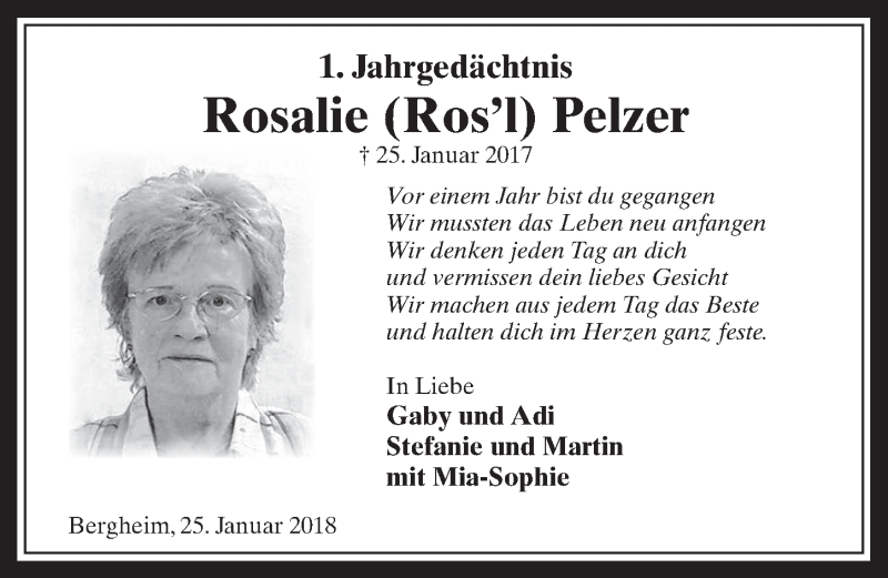  Traueranzeige für Rosalie Pelzer vom 24.01.2018 aus  Werbepost 