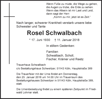 Anzeige von Rosel Schwalbach von  Kölner Wochenspiegel 