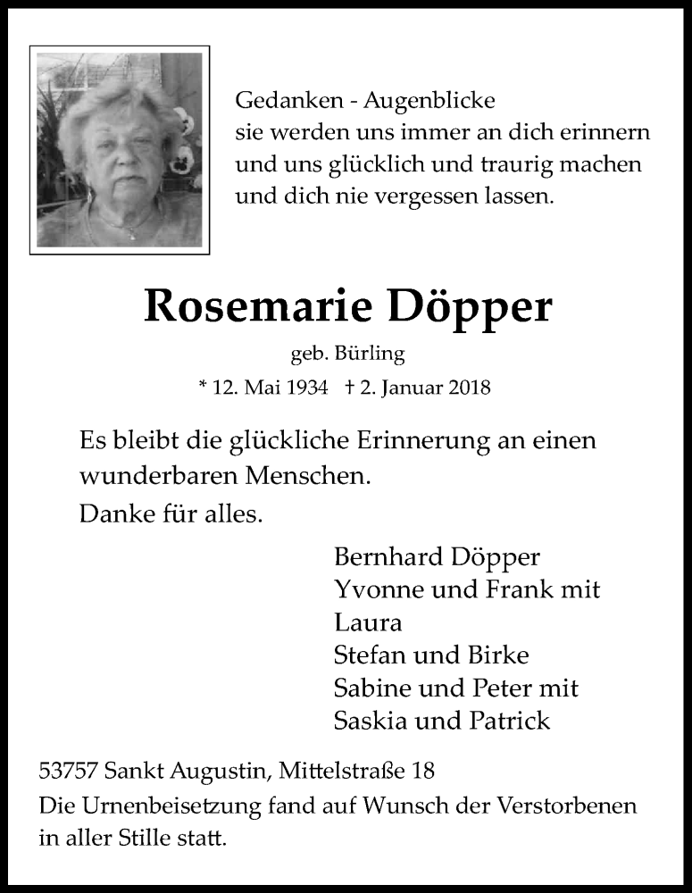  Traueranzeige für Rosemarie Döpper vom 20.01.2018 aus Kölner Stadt-Anzeiger / Kölnische Rundschau / Express