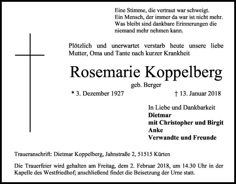  Traueranzeige für Rosemarie Koppelberg vom 27.01.2018 aus Kölner Stadt-Anzeiger / Kölnische Rundschau / Express