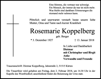 Anzeige von Rosemarie Koppelberg von Kölner Stadt-Anzeiger / Kölnische Rundschau / Express