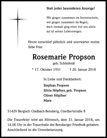 Anzeige von Rosemarie Propson von Kölner Stadt-Anzeiger / Kölnische Rundschau / Express