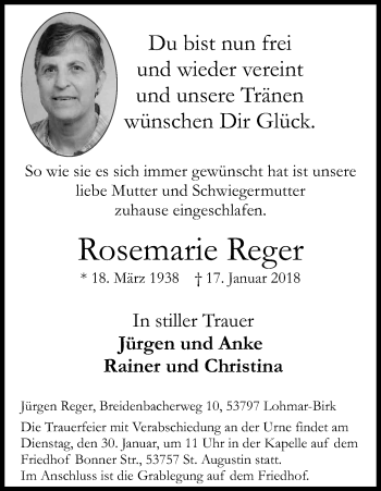 Anzeige von Rosemarie Reger von Kölner Stadt-Anzeiger / Kölnische Rundschau / Express