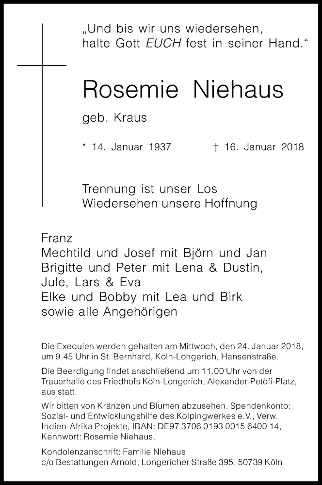  Traueranzeige für Rosemie Niehaus vom 20.01.2018 aus Kölner Stadt-Anzeiger / Kölnische Rundschau / Express