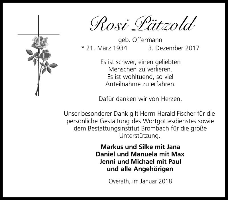 Traueranzeige für Rosi Pätzold vom 06.01.2018 aus Kölner Stadt-Anzeiger / Kölnische Rundschau / Express