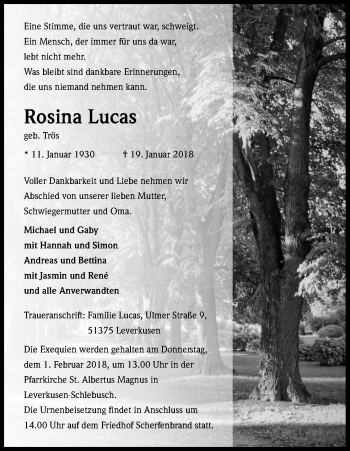 Anzeige von Rosina Lucas von Kölner Stadt-Anzeiger / Kölnische Rundschau / Express