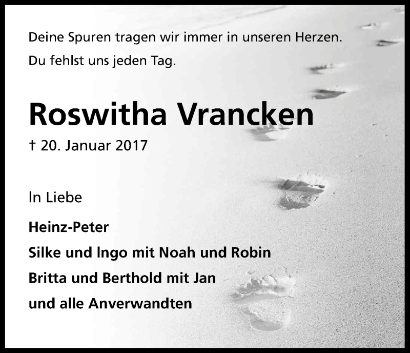  Traueranzeige für Roswitha Vrancken vom 20.01.2018 aus Kölner Stadt-Anzeiger / Kölnische Rundschau / Express