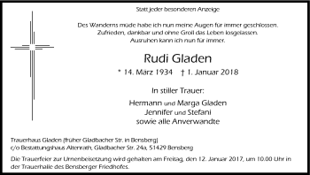 Anzeige von Rudi Gladen von Kölner Stadt-Anzeiger / Kölnische Rundschau / Express