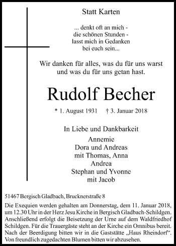 Anzeige von Rudolf Becher von Kölner Stadt-Anzeiger / Kölnische Rundschau / Express