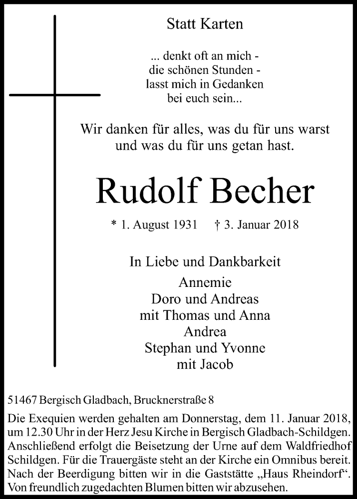  Traueranzeige für Rudolf Becher vom 09.01.2018 aus Kölner Stadt-Anzeiger / Kölnische Rundschau / Express