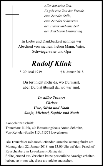 Anzeige von Rudolf Klink von Kölner Stadt-Anzeiger / Kölnische Rundschau / Express