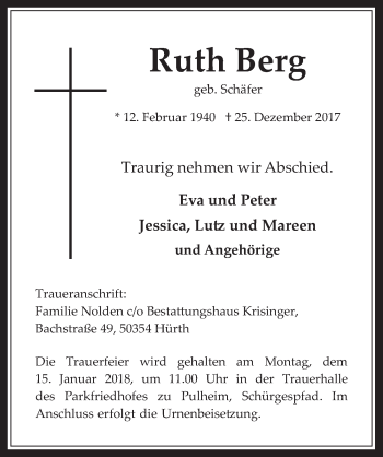 Anzeige von Ruth Berg von  Wochenende 