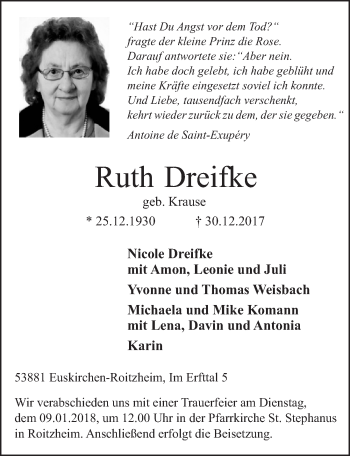 Anzeige von Ruth Dreifke von  Blickpunkt Euskirchen 