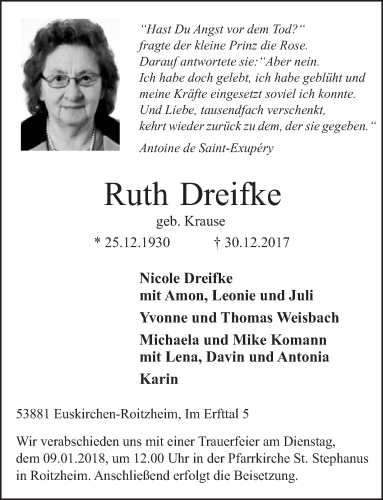  Traueranzeige für Ruth Dreifke vom 06.01.2018 aus  Blickpunkt Euskirchen 