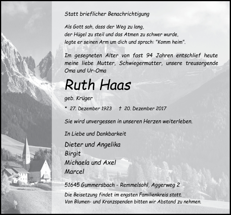  Traueranzeige für Ruth Haas vom 03.01.2018 aus  Anzeigen Echo 