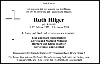 Anzeige von Ruth Hilger von Kölner Stadt-Anzeiger / Kölnische Rundschau / Express