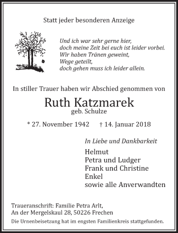 Anzeige von Ruth Katzmarek von  Sonntags-Post 