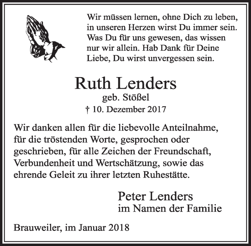  Traueranzeige für Ruth Lenders vom 20.01.2018 aus  Sonntags-Post 