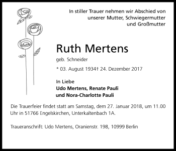 Anzeige von Ruth Mertens von Kölner Stadt-Anzeiger / Kölnische Rundschau / Express