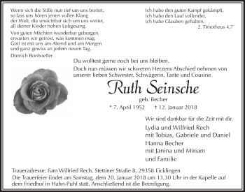 Anzeige von Ruth Seinsche von  Lokalanzeiger 