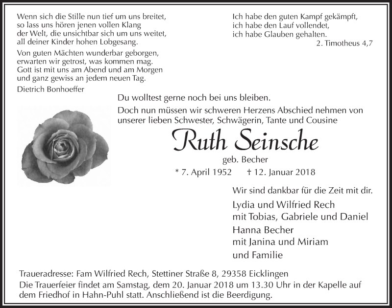  Traueranzeige für Ruth Seinsche vom 17.01.2018 aus  Lokalanzeiger 