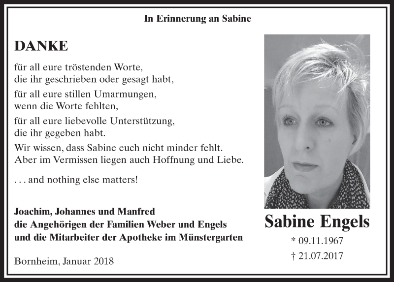  Traueranzeige für Sabine Engels vom 24.01.2018 aus  Schlossbote/Werbekurier 