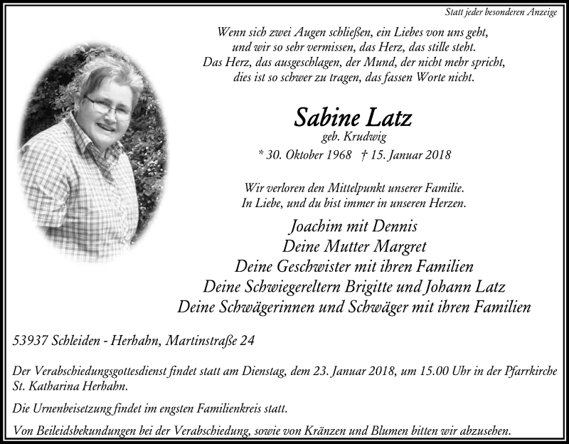  Traueranzeige für Sabine Latz vom 20.01.2018 aus Kölner Stadt-Anzeiger / Kölnische Rundschau / Express