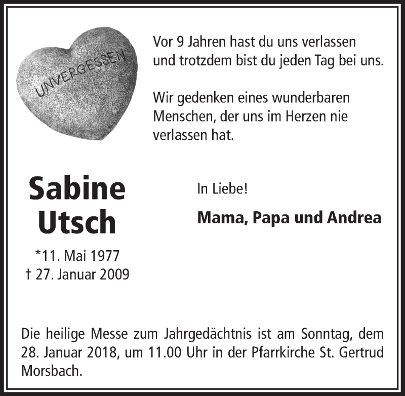  Traueranzeige für Sabine Utsch vom 24.01.2018 aus  Lokalanzeiger 
