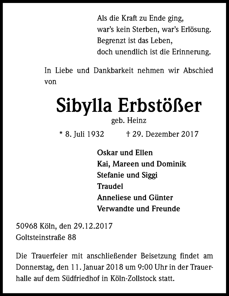  Traueranzeige für Sibylla Erbstößer vom 06.01.2018 aus Kölner Stadt-Anzeiger / Kölnische Rundschau / Express