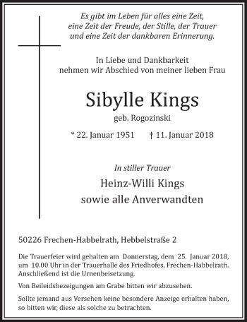 Anzeige von Sibylle Kings von  Sonntags-Post 