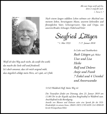 Anzeige von Siegfried Löttgen von Kölner Stadt-Anzeiger / Kölnische Rundschau / Express