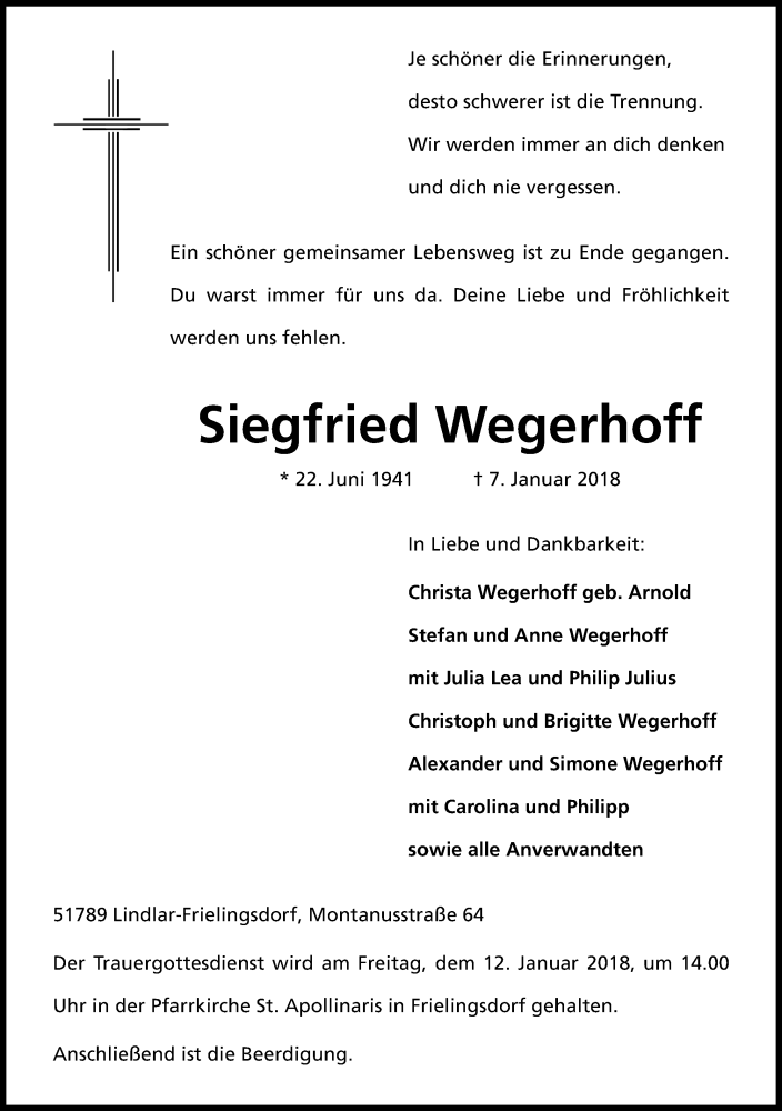  Traueranzeige für Siegfried Wegerhoff vom 10.01.2018 aus Kölner Stadt-Anzeiger / Kölnische Rundschau / Express