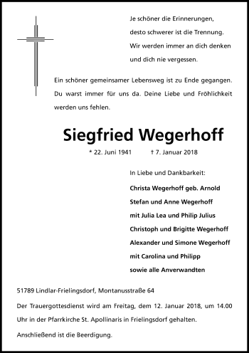 Anzeige von Siegfried Wegerhoff von Kölner Stadt-Anzeiger / Kölnische Rundschau / Express