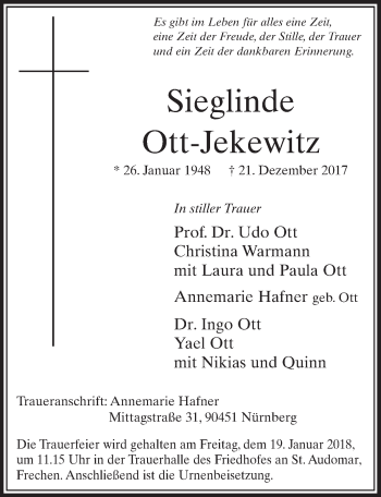 Anzeige von Sieglinde Ott-Jekewitz von  Sonntags-Post 