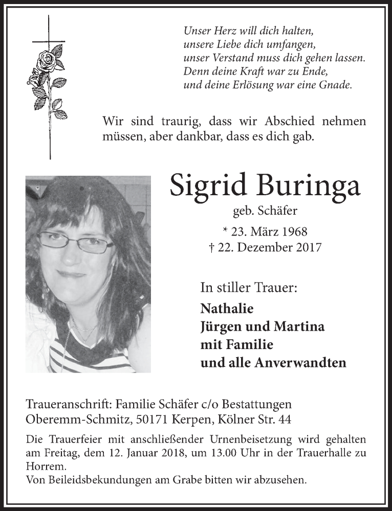  Traueranzeige für Sigrid Buringa vom 06.01.2018 aus  Sonntags-Post 