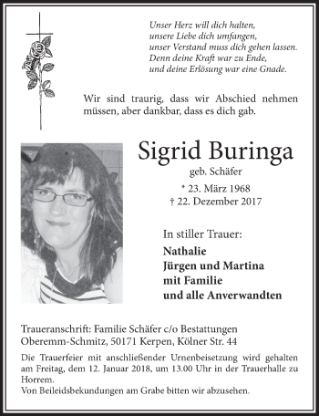Anzeige von Sigrid Buringa von  Sonntags-Post 