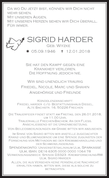 Anzeige von Sigrid Harder von  Wochenende 