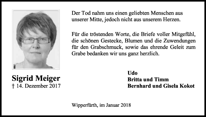  Traueranzeige für Sigrid Meiger vom 23.01.2018 aus Kölner Stadt-Anzeiger / Kölnische Rundschau / Express