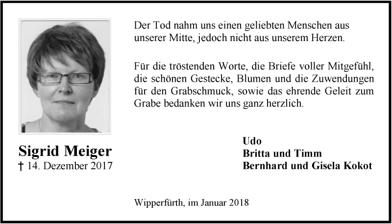  Traueranzeige für Sigrid Meiger vom 24.01.2018 aus  Anzeigen Echo 