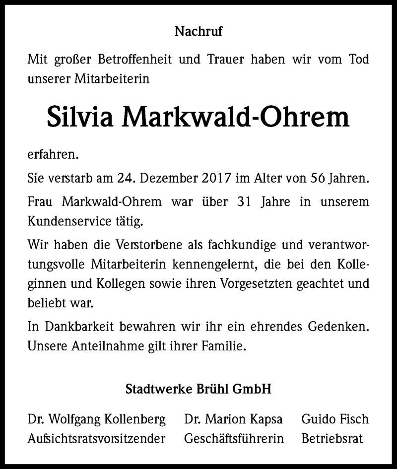  Traueranzeige für Silvia Markwald-Ohrem vom 06.01.2018 aus Kölner Stadt-Anzeiger / Kölnische Rundschau / Express
