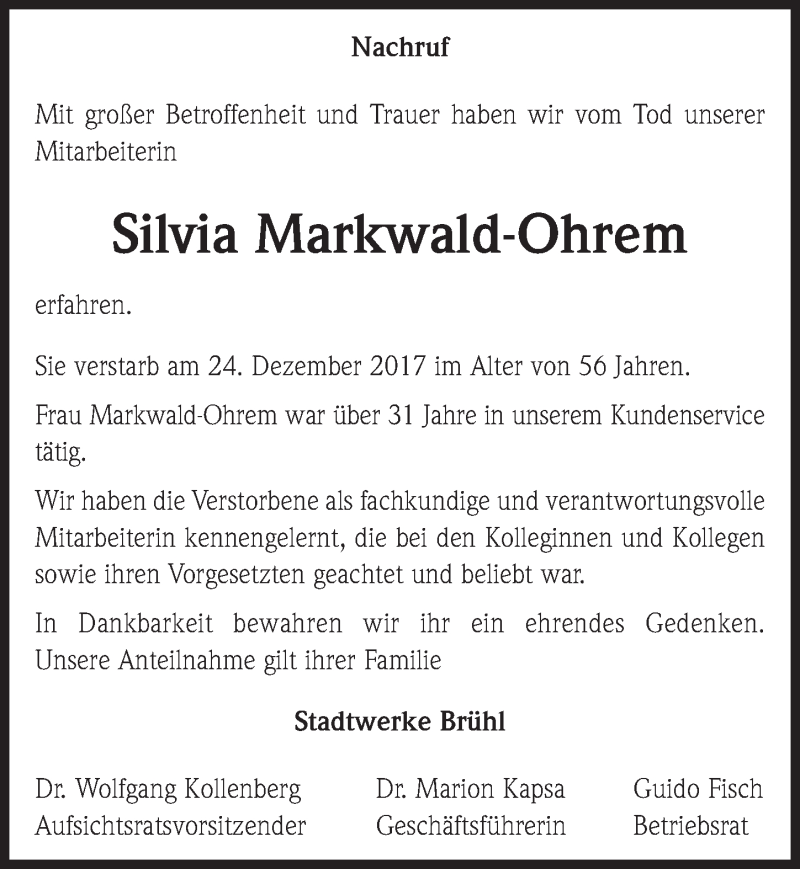  Traueranzeige für Silvia Markwald-Ohrem vom 10.01.2018 aus  Schlossbote/Werbekurier 