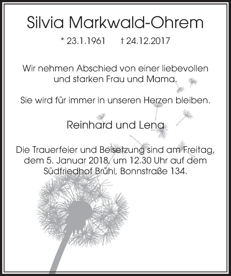  Traueranzeige für Silvia Markwald-Ohrem vom 03.01.2018 aus  Schlossbote/Werbekurier 