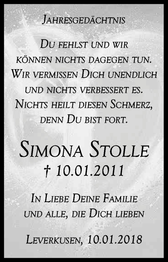  Traueranzeige für Simona Stolle vom 10.01.2018 aus Kölner Stadt-Anzeiger / Kölnische Rundschau / Express